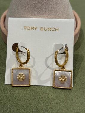 Tory Burch Gold Hoops with Pink Mother-of-Pearl Square Drops